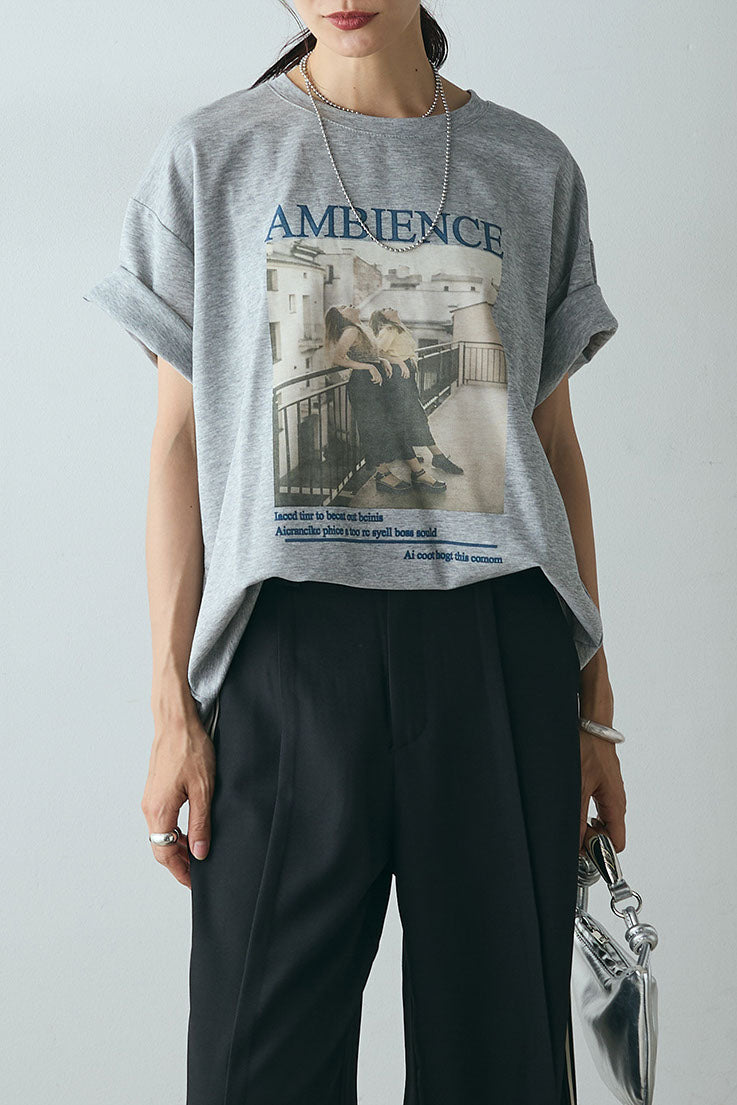 [SET]AMBIENCEフォトプリントTシャツ+サイドラインワイドスラックスパンツ(2set)