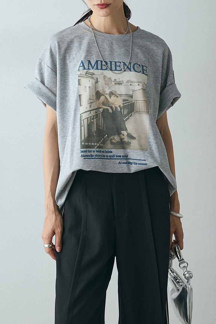 [SET]AMBIENCEフォトプリントTシャツ+サイドラインワイドスラックスパンツ(2set)