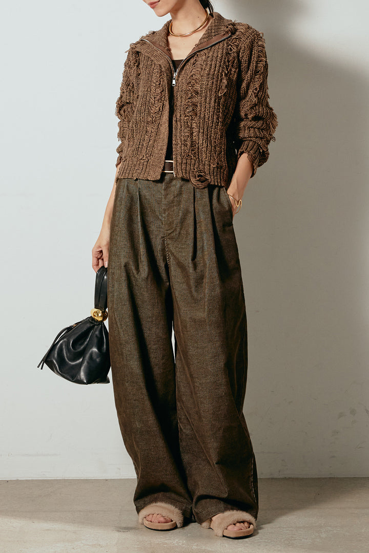 [SET]ハイネックフリンジジップニットトップス+フロントタック入りコーデュロイパンツ(2set)