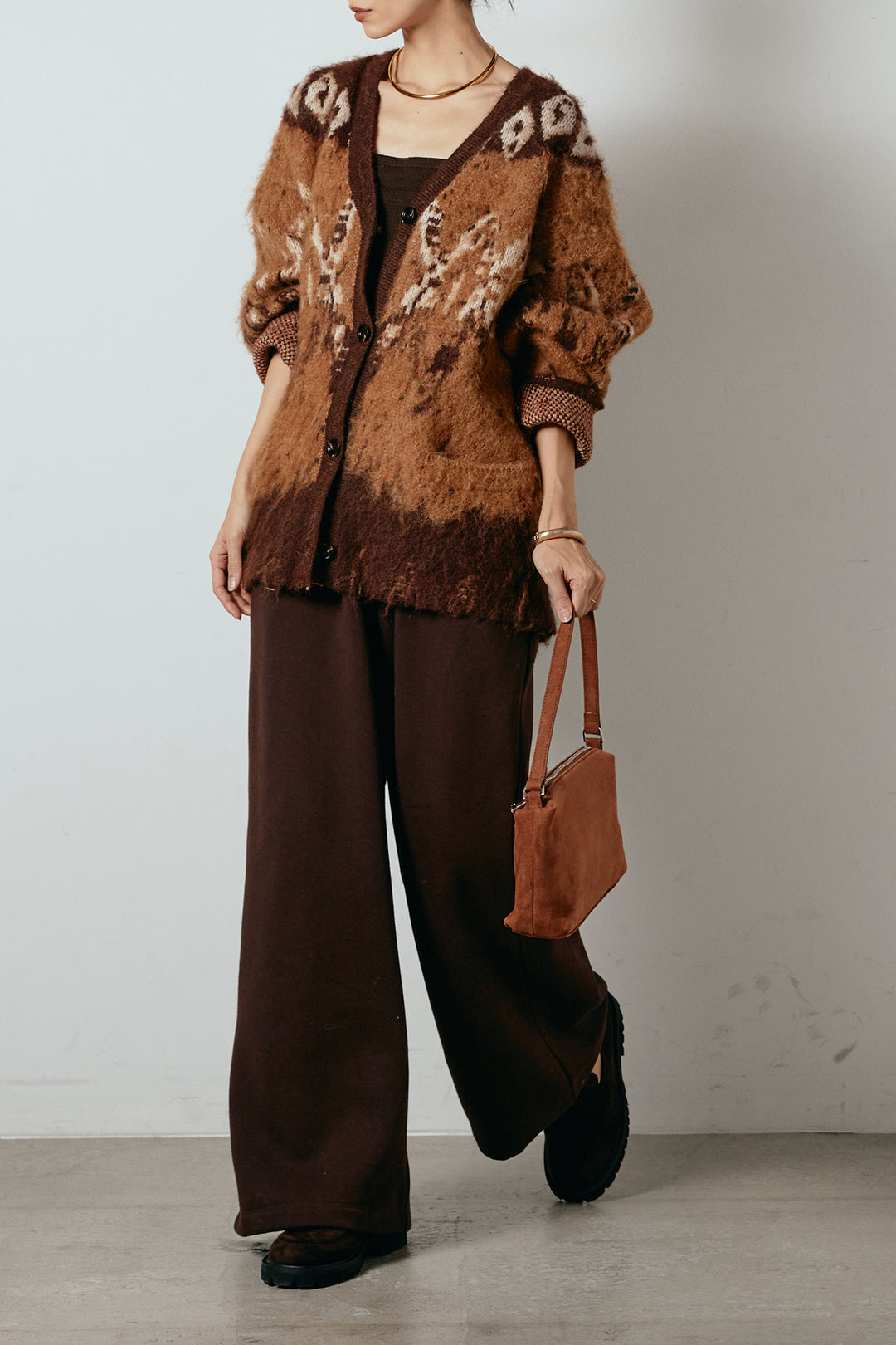 [SET]シャギーニュアンス柄ニットカーディガン+裏起毛スウェットワイドパンツ(2set)