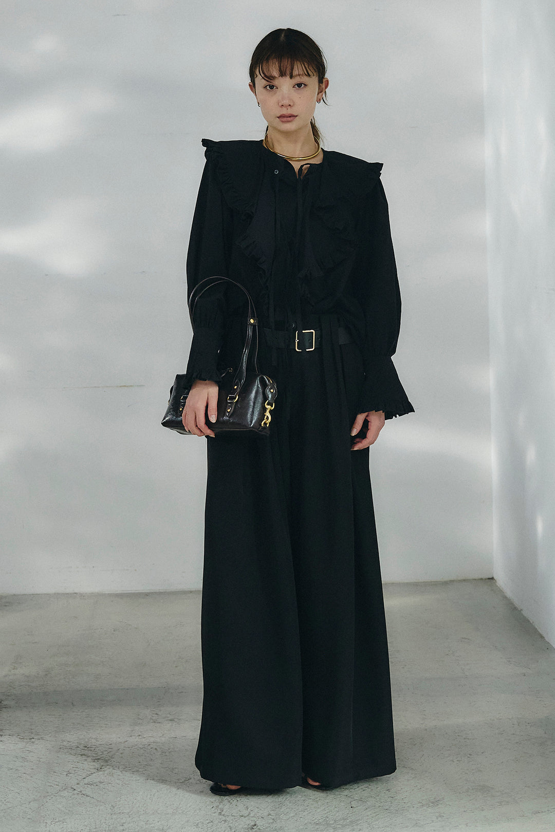 [SET]コットンフリルブラウス+ベルト付きタックデザインハイウエストロングパンツ(2set)