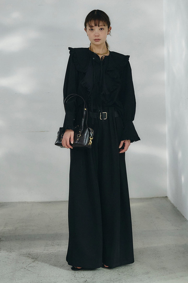 [SET]コットンフリルブラウス+ベルト付きタックデザインハイウエストロングパンツ(2set)