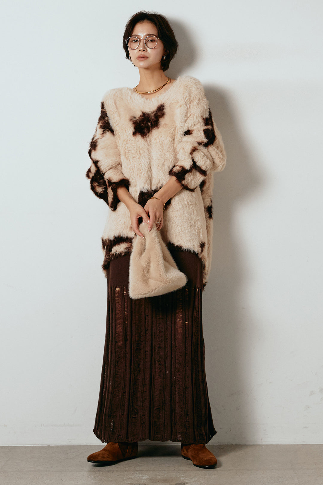 [SET]タイダイ柄シャギーニットトップス+裾シアーリブスカート(2set)