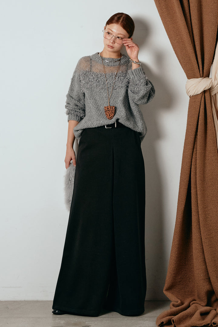 [SET]パターンランダム編みニットトップス+ベルト付きフロントタックデザインパンツ(2set)