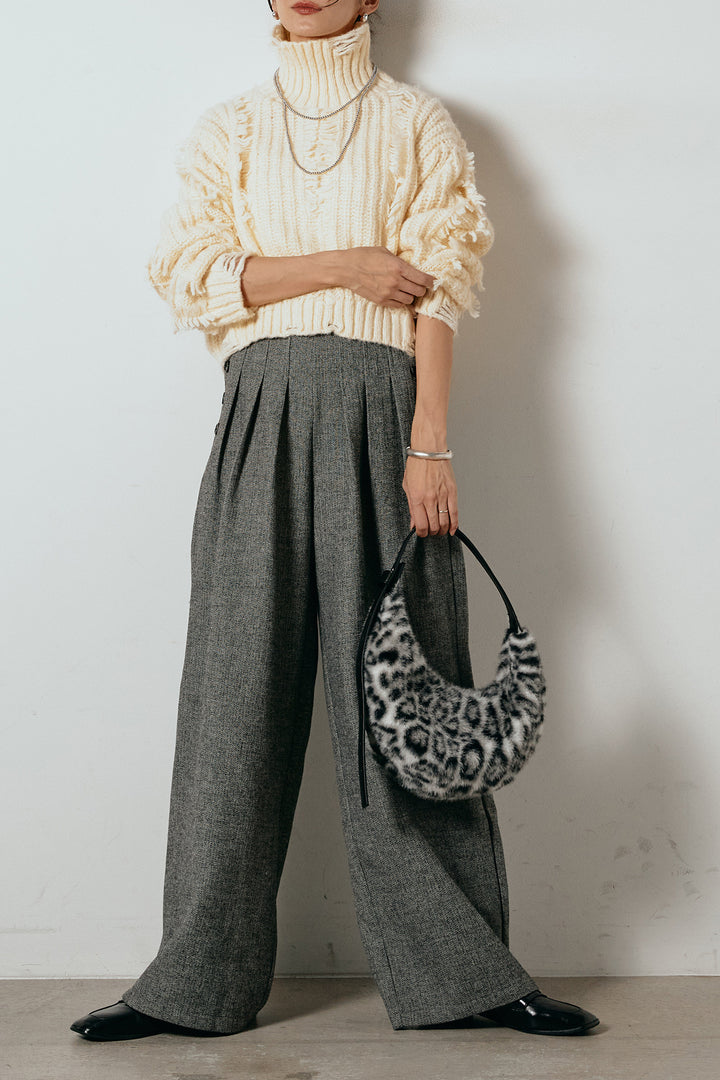 [SET]フリンジタートルショートニット+サイドボタンツイードタックパンツ(2set)