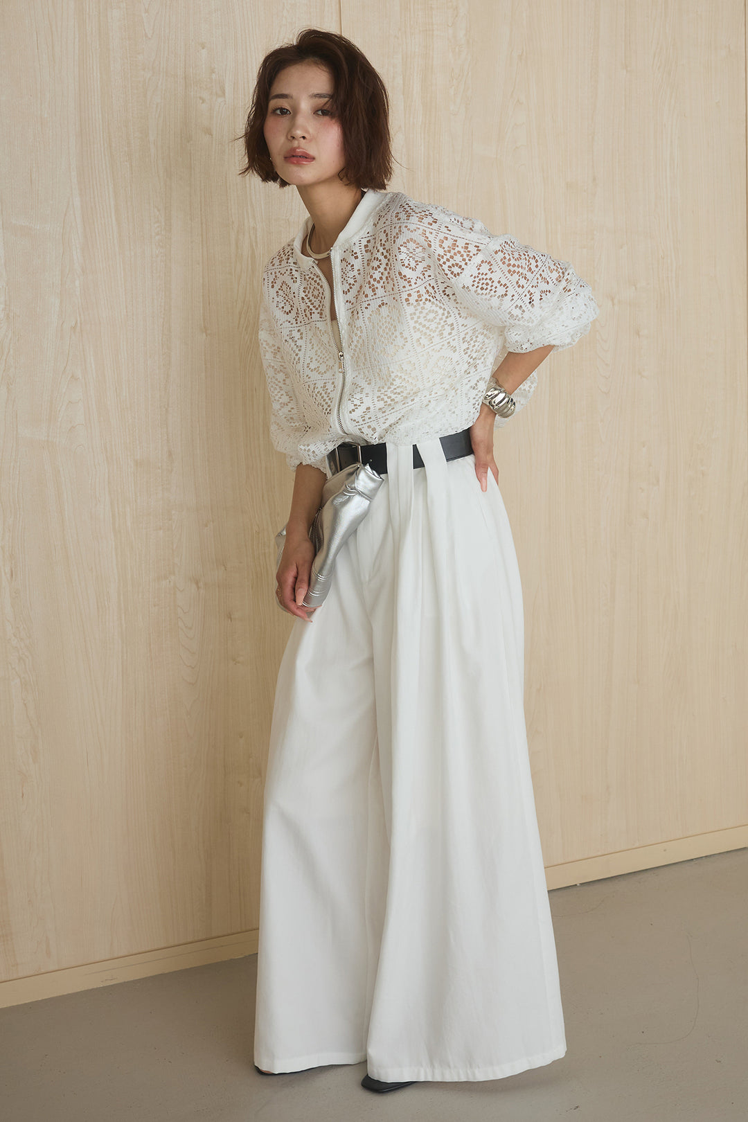 [SET]幾何レースブルゾン+ベルト付きビックループワイドパンツ(2set)