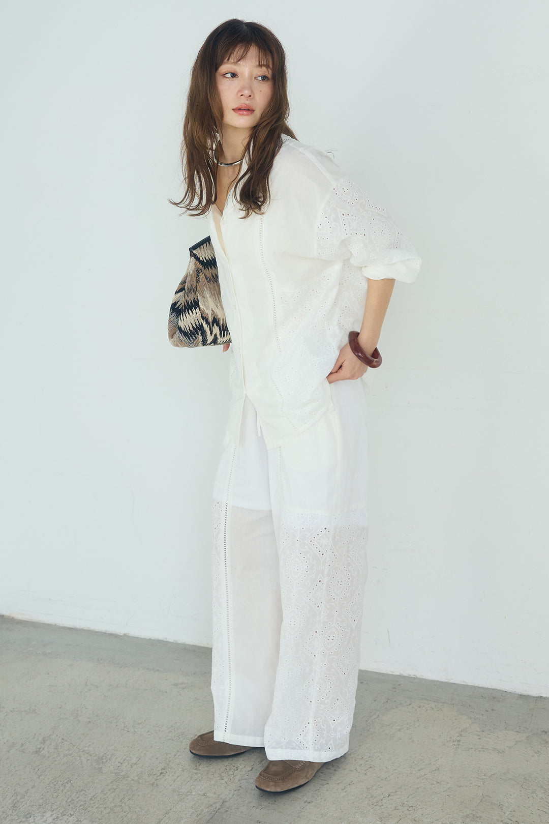 [SET]ローンレースオープンカラーシャツ+ローンレースイージーパンツ(2set)