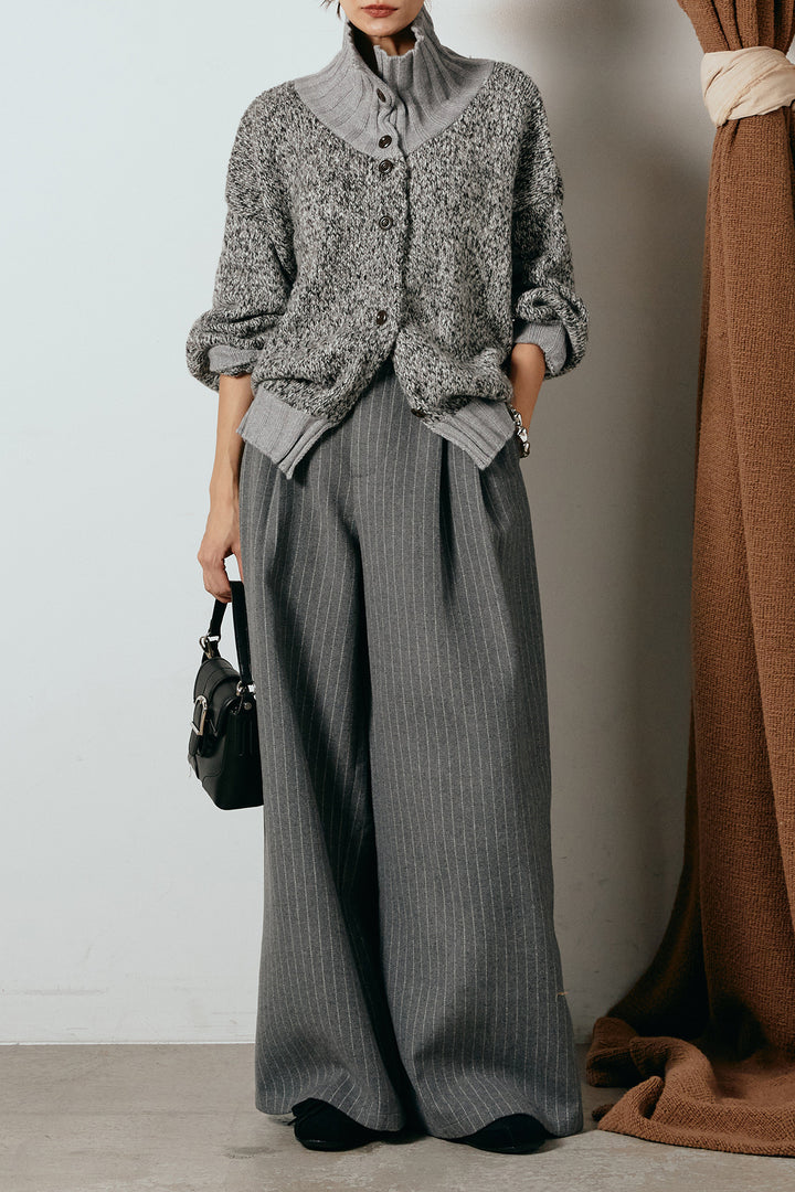 [SET]ハイネックミックスニットカーディガン+ウールライクストライプパンツ(2set)