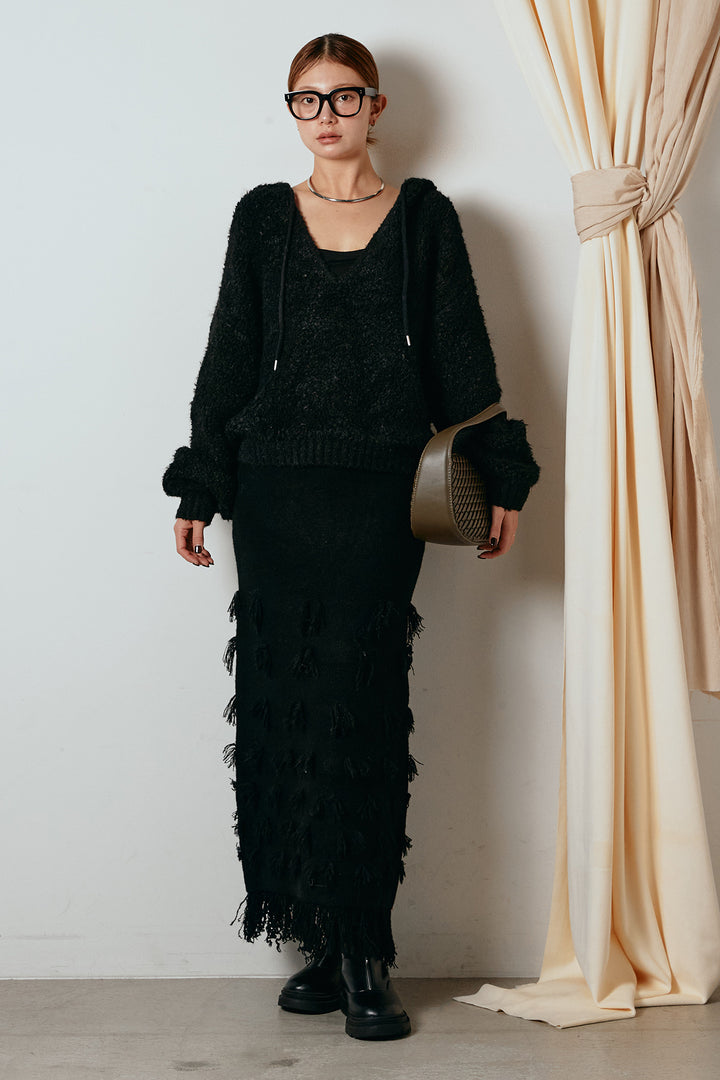 [SET]ブークレキーネックプルオーバー+ポイントフリンジニットナロースカート(2set)