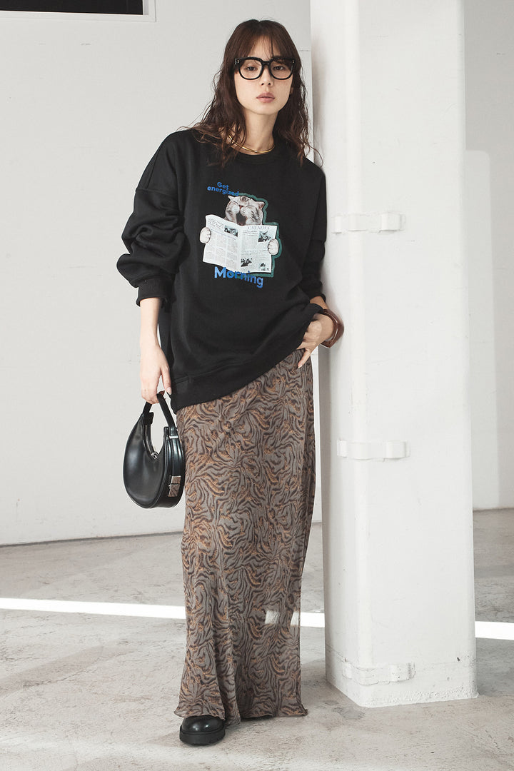 [SET]裏起毛モーニングキャットプリントスウェット+抽象柄ロングスカート(2set)