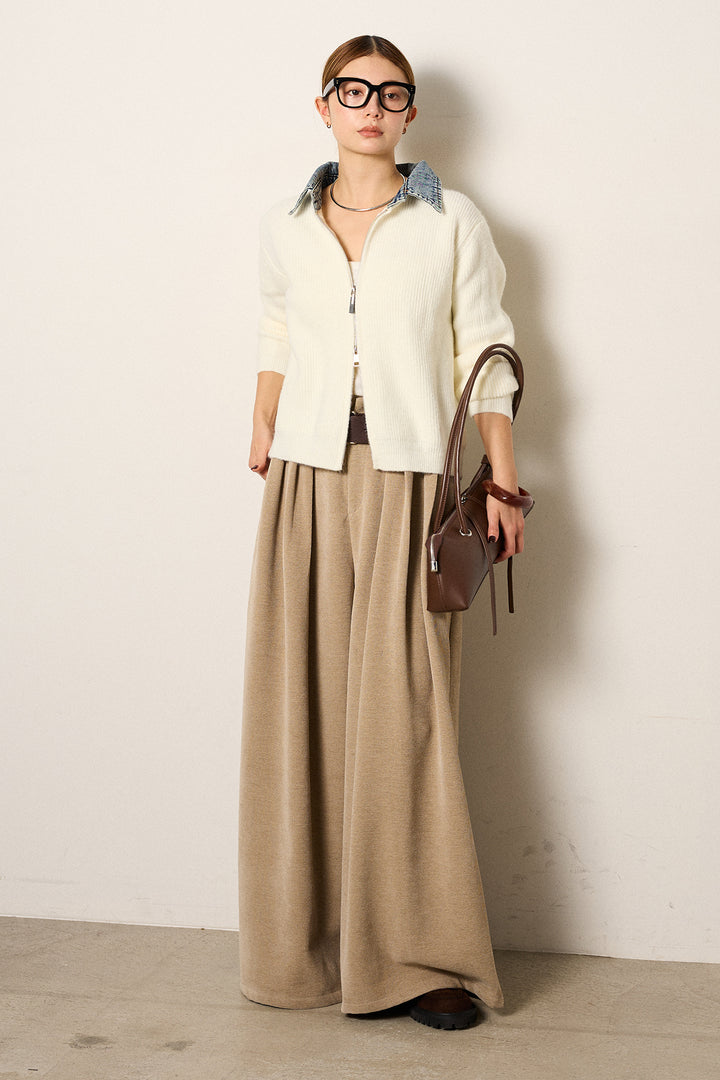 [SET]デニム襟ダブルジップニットトップス+ベルトループコーデュロイワイドパンツ(2set)