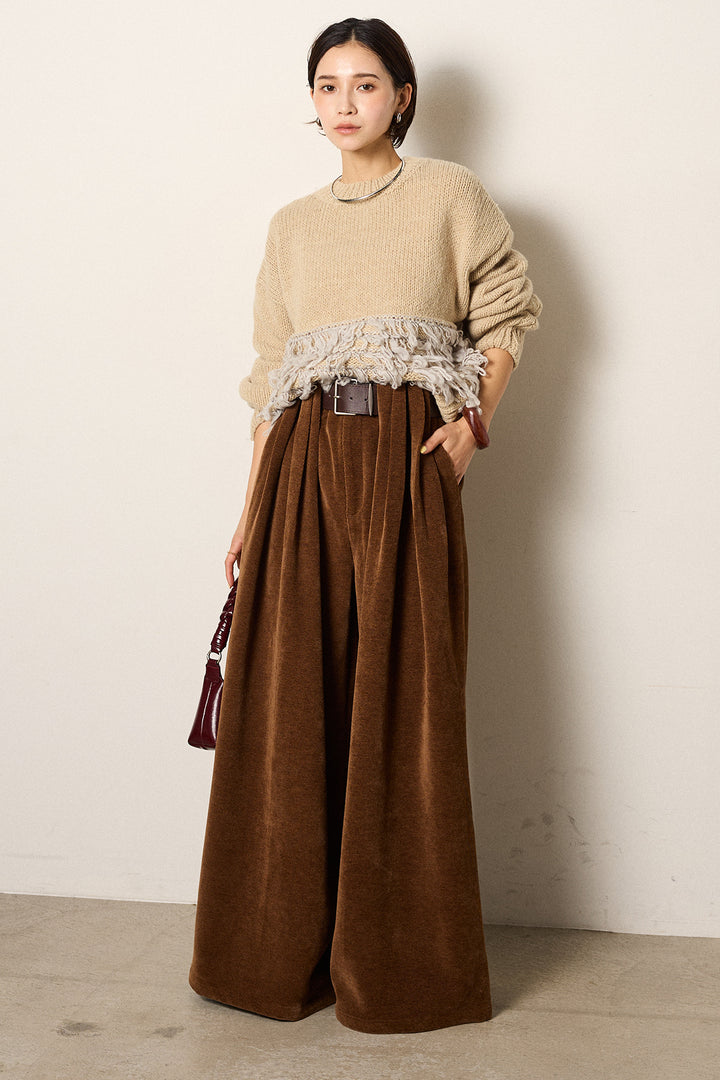 [SET]ループ編み切り替えニットプルオーバー+ベルトループコーデュロイワイドパンツ(2set)