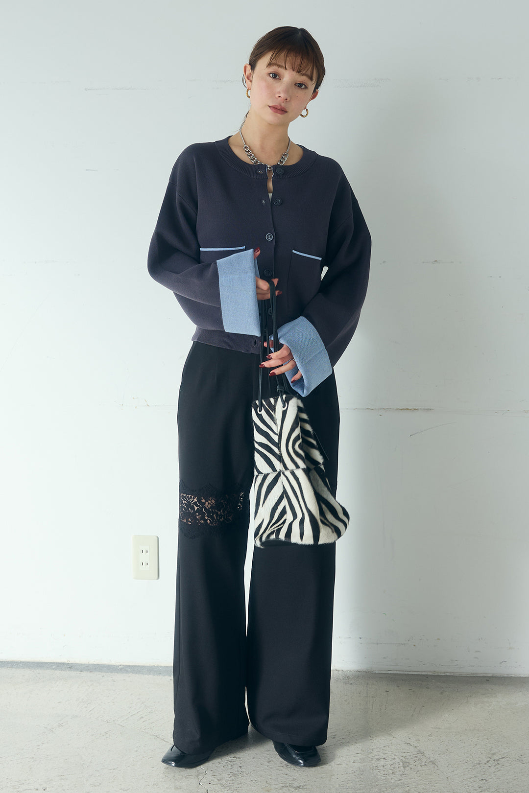 [SET]レーヨンポリダブルフェイスカーディガン+レース刺繍切替ワイドパンツ(2set)