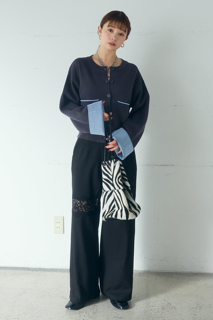 [SET]レーヨンポリダブルフェイスカーディガン+レース刺繍切替ワイドパンツ(2set)