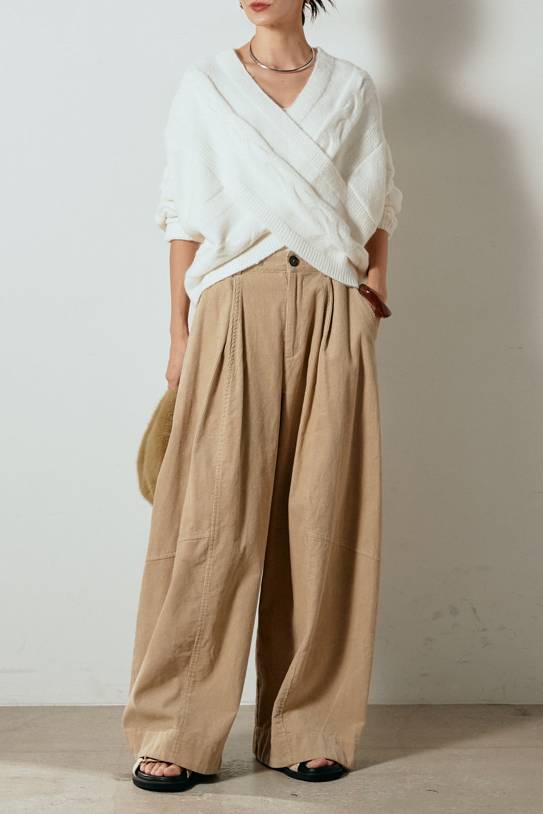 [SET]ケーブルカシュクールニットトップス+タック入りコーデュロイワイドパンツ(2set)