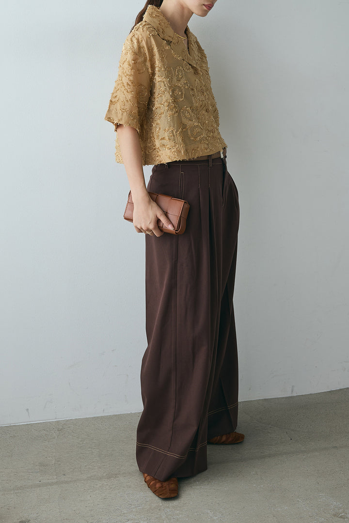 [SET]半袖オープンカラージャガード柄シャツ+ステッチデザインベルトワイドパンツ(2set)