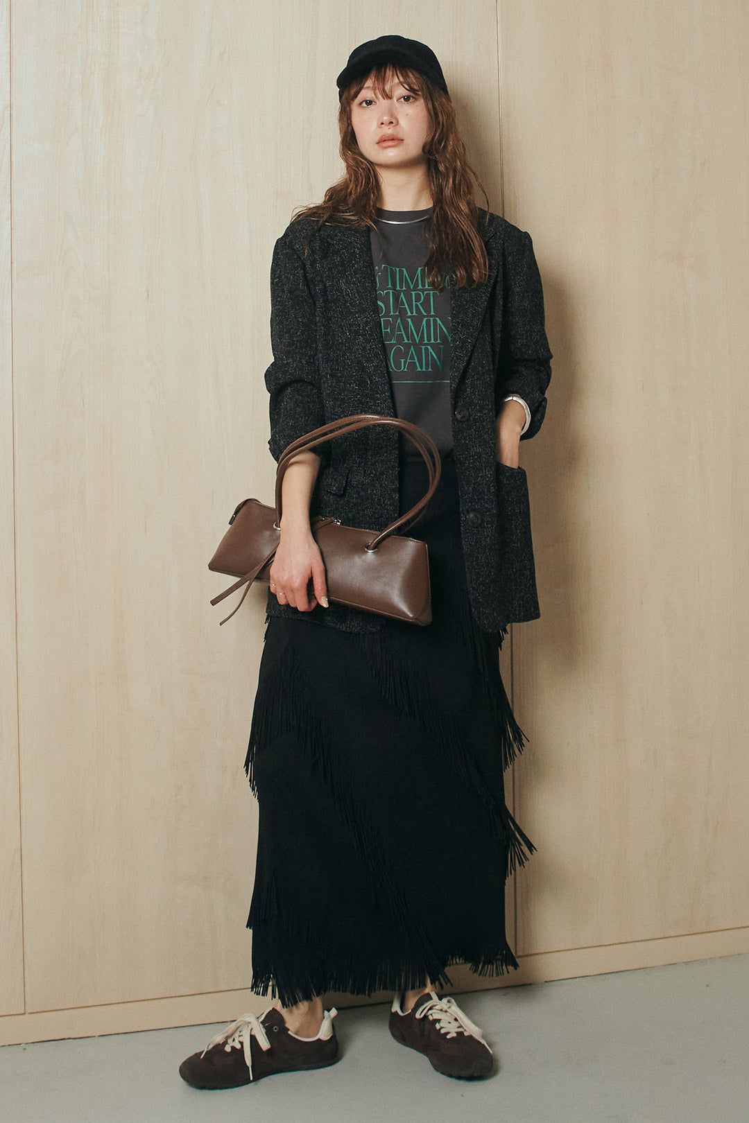 [SET]ミックスツイードベルト付きジャケット+斜めフリンジデザインスカート(2set)