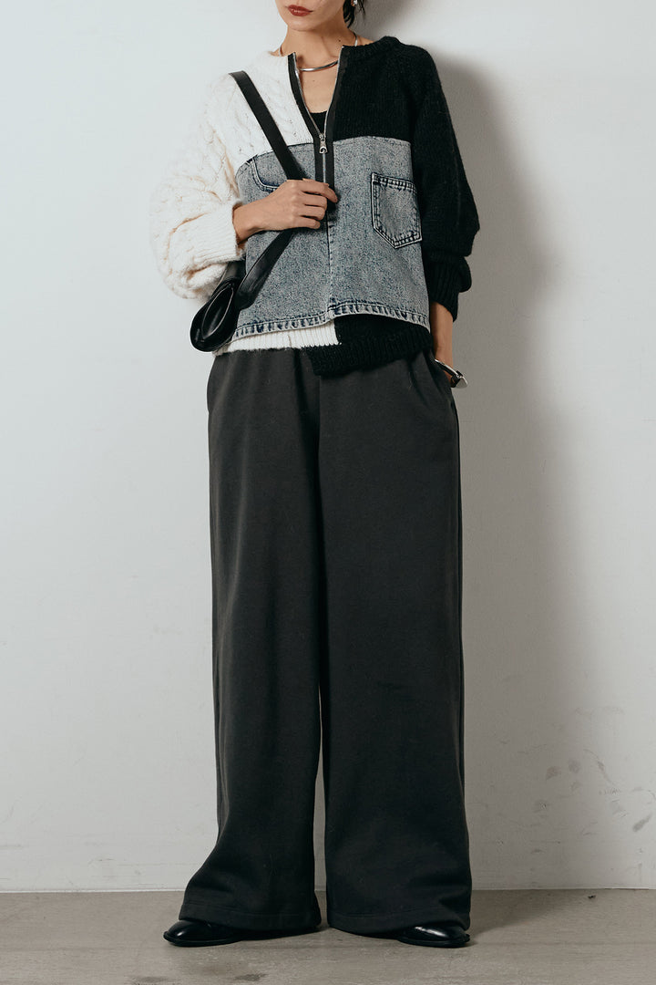 [SET]ハーフジップニットデニムドッキングトップス+裏起毛スウェットワイドパンツ(2set)