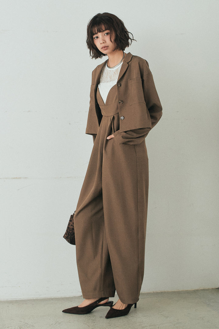 [SET]バックジップデザインショートツイルジャケット+キャミロングオールインワン(2set)