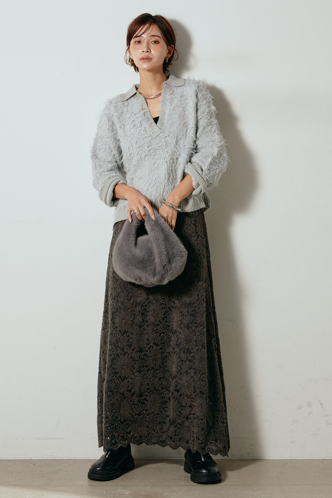 [SET]襟付きシャギーニットポロトップス+花柄刺繍ベロアフレアスカート(2set)