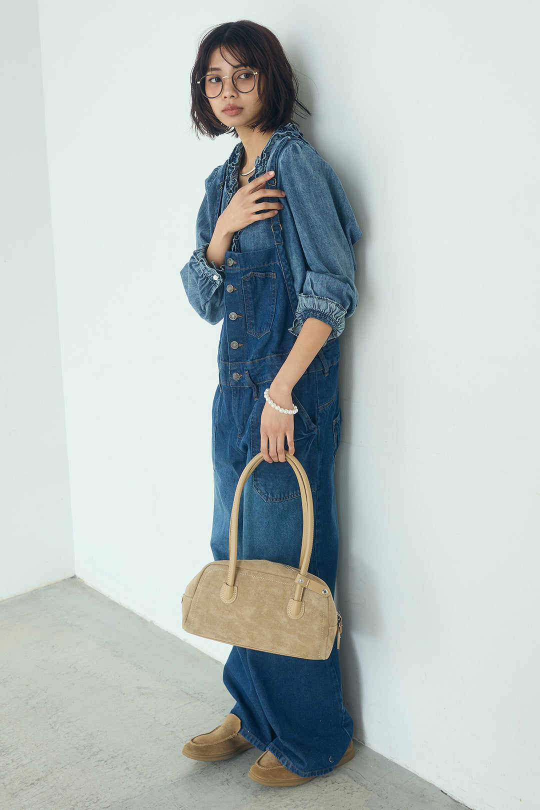 [SET]Vネックデニムフリルトップス+デニムサロペットワイドパンツ(2set)