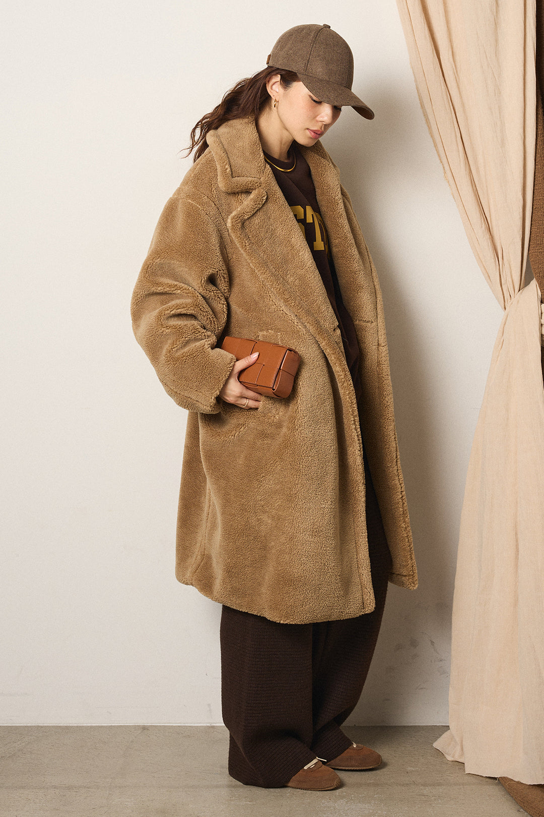 [SET]テディボアロングコート+ロゴデザインルーズスウェット+ワイドリブニットイージーパンツ(3set)