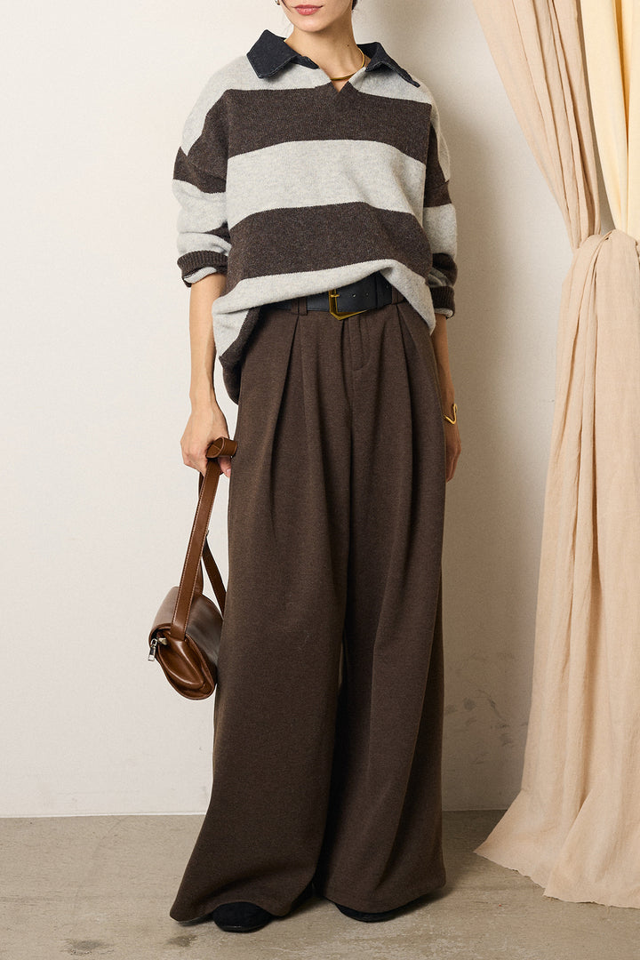 [SET]デニムカラーボーダールーズニット+ゴールドバックル太ベルト付きワイドパンツ(2set)