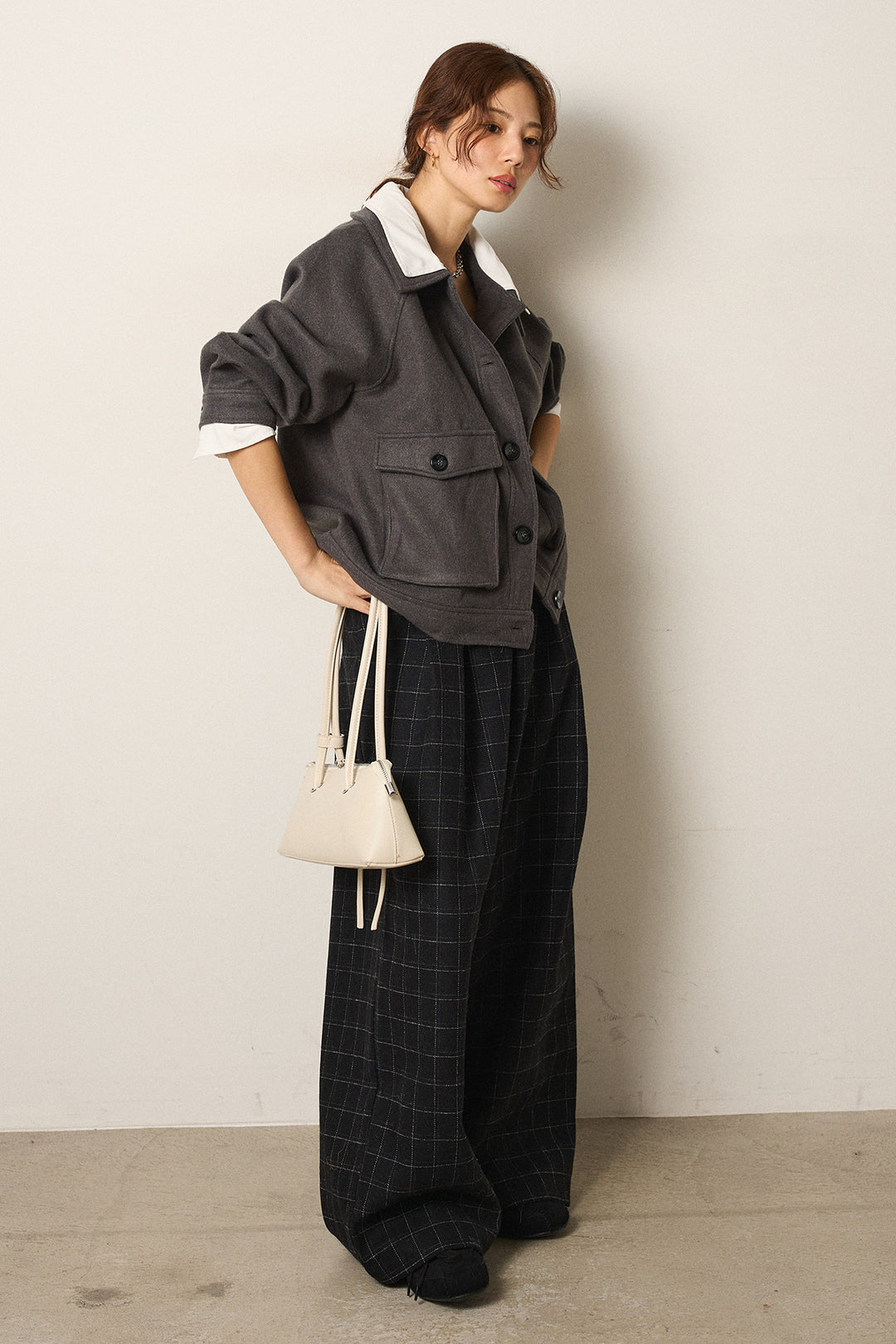 [SET]衿レイヤードフェイクウールジャケット+ウールライクチェックタックパンツ(2set)