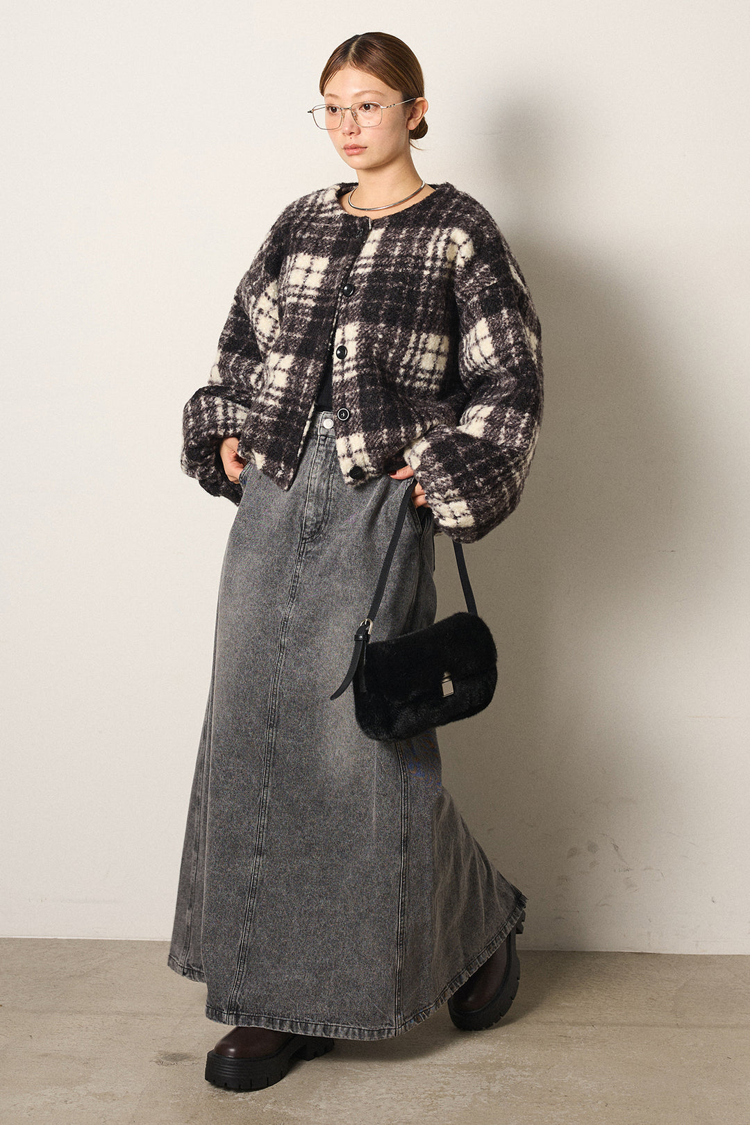 [SET]ノーカラーチェック柄ボアブルゾン+デニムロングフレアスカート(2set)