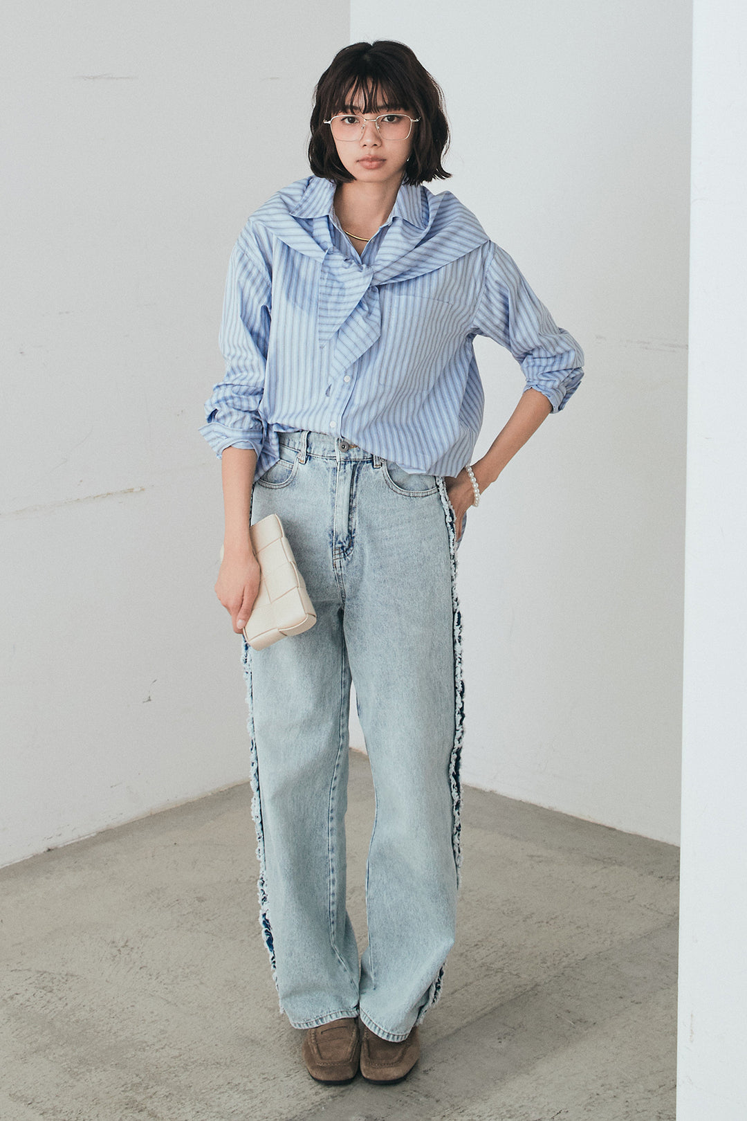 [SET]ランダムストライプスカーフ付きシャツ+デニムサイドフリルパンツ(2set)