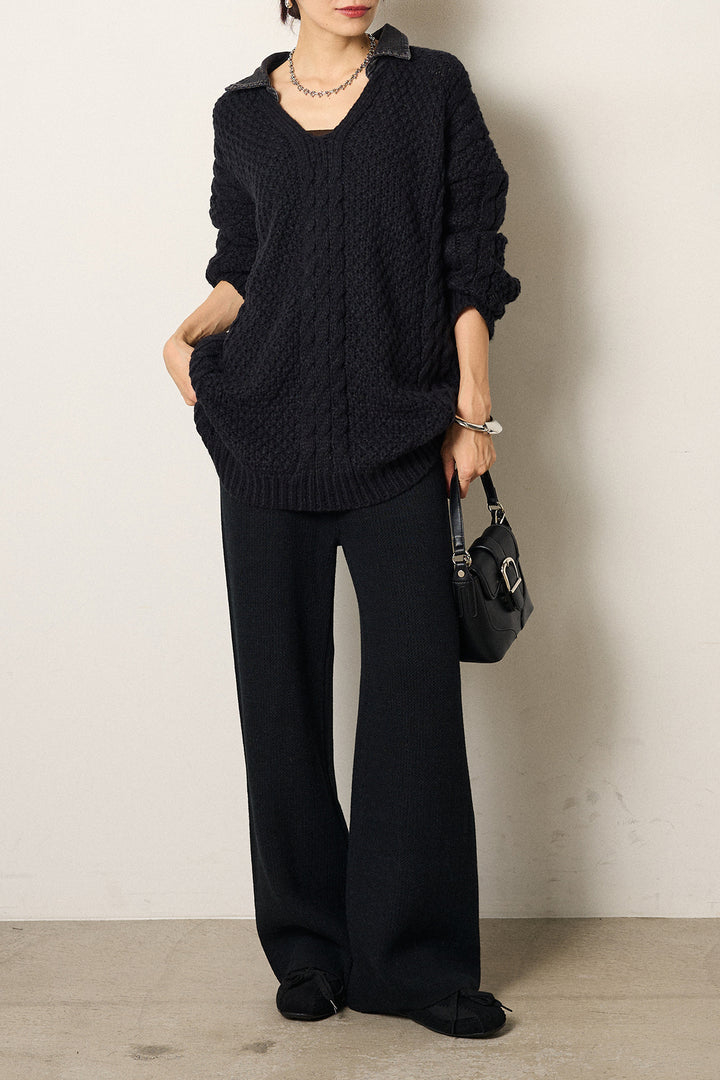 [SET]デニムカラーケーブルオーバーニット+ワイドリブニットイージーパンツ(2set)