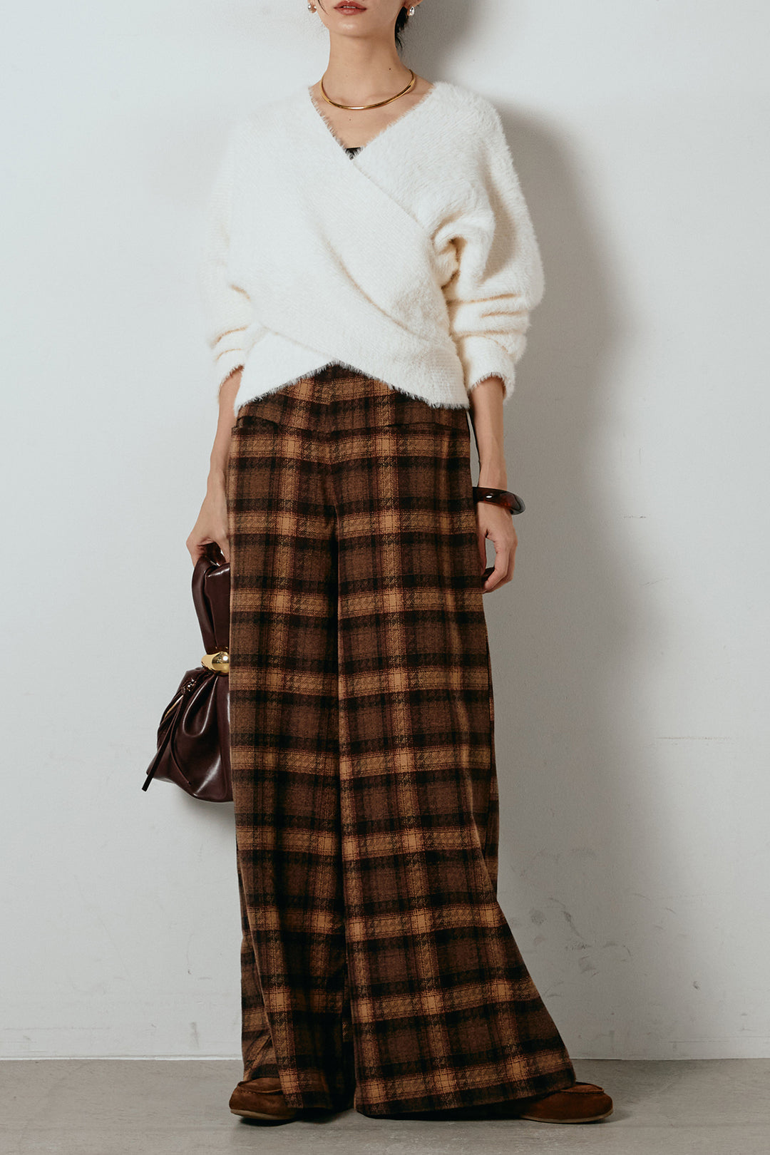 [SET]シャギーカシュクールニットトップス+ルーズタータンチェックワイドパンツ(2set)