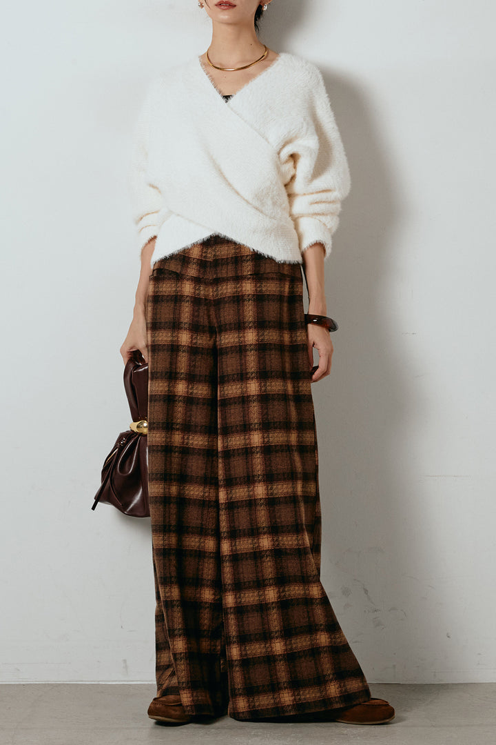 [SET]シャギーカシュクールニットトップス+ルーズタータンチェックワイドパンツ(2set)