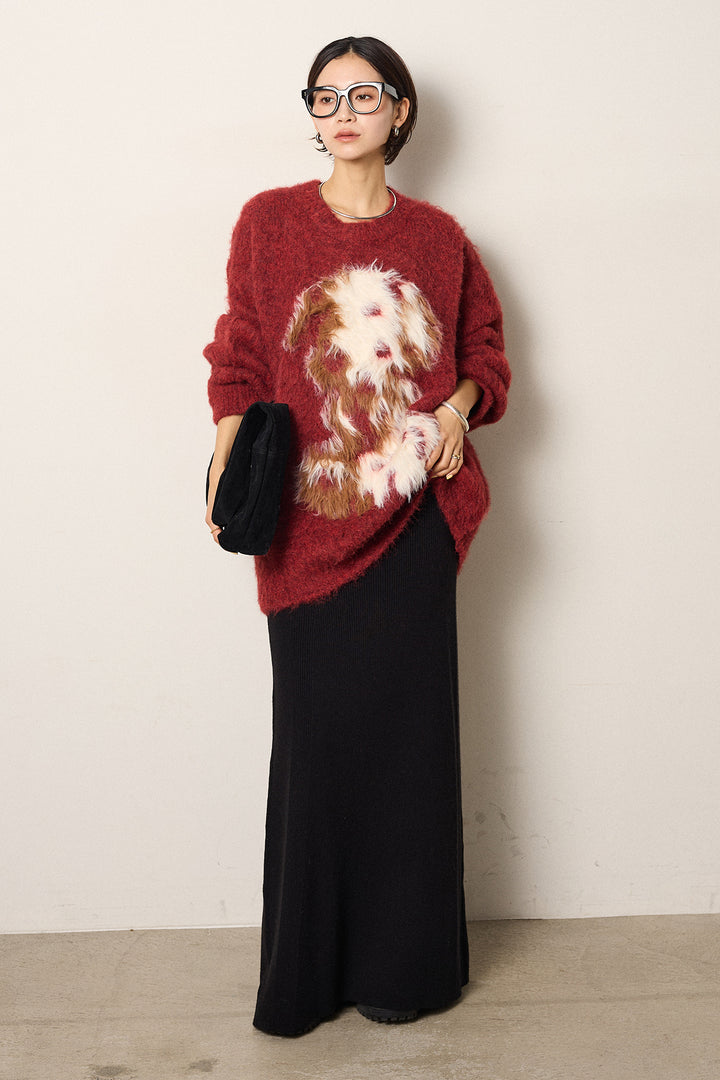 [SET]シャギーニュアンスアニマルニット+リブナローニットスカート(2set)