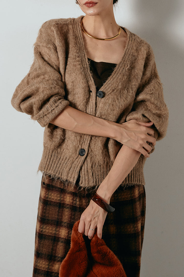 起毛ボタンニットカーディガン/カーキ