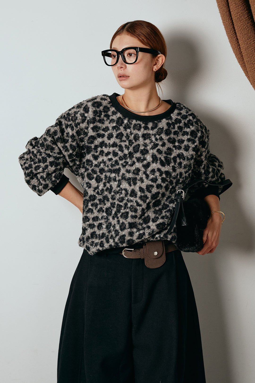 レオパード柄ボアトップス/ブラック
