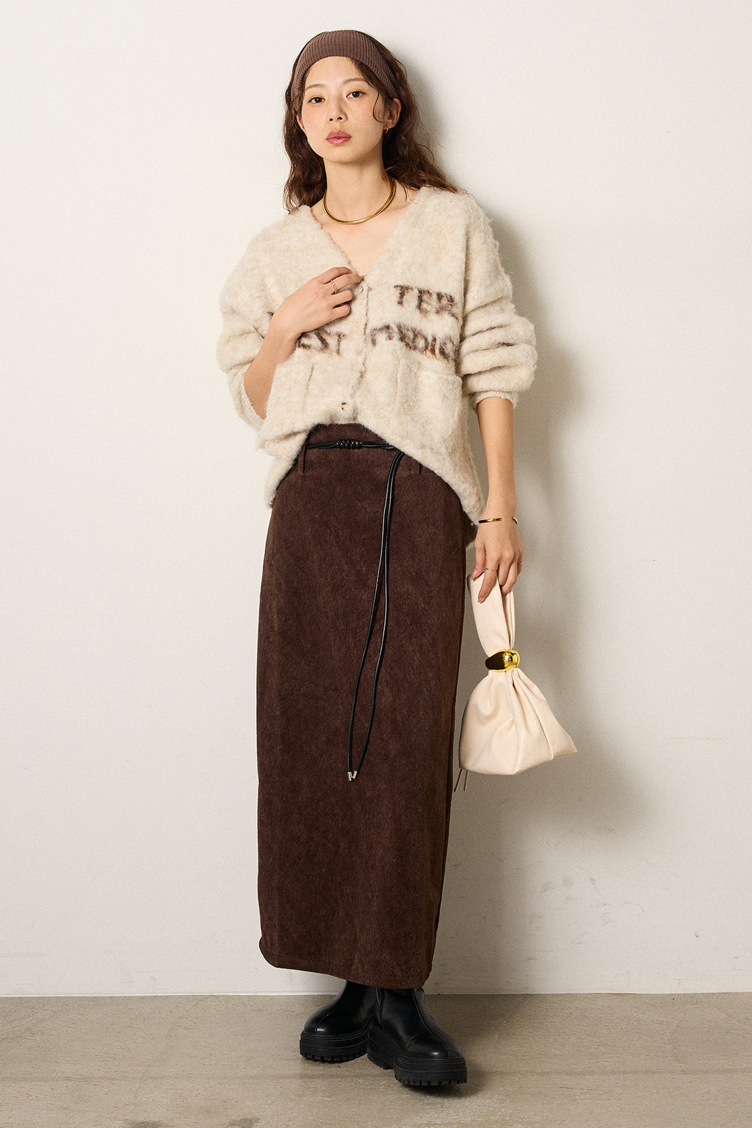 [SET]ウール混透かしロゴニットカーディガン+ロープベルト付きスウェード調スカート(2set)