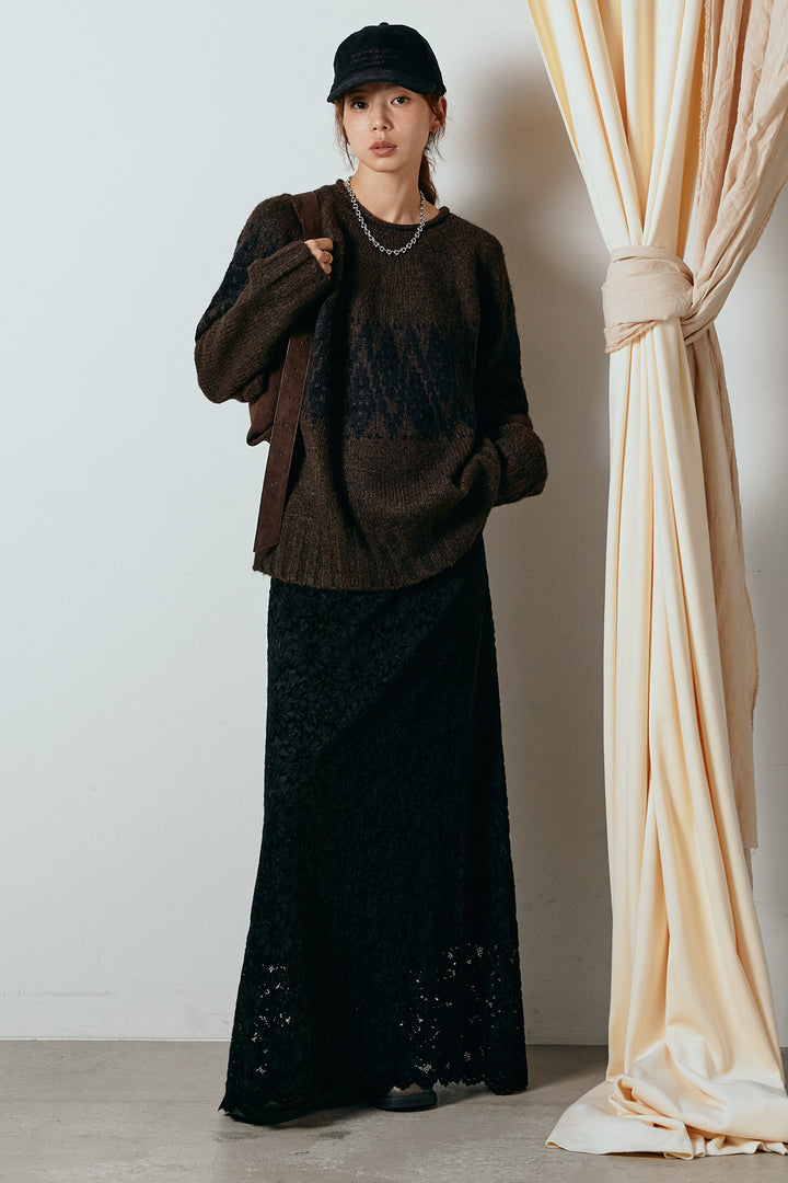 [SET]モノトーン柄ニットトップス+花柄刺繍ベロアフレアスカート(2set)
