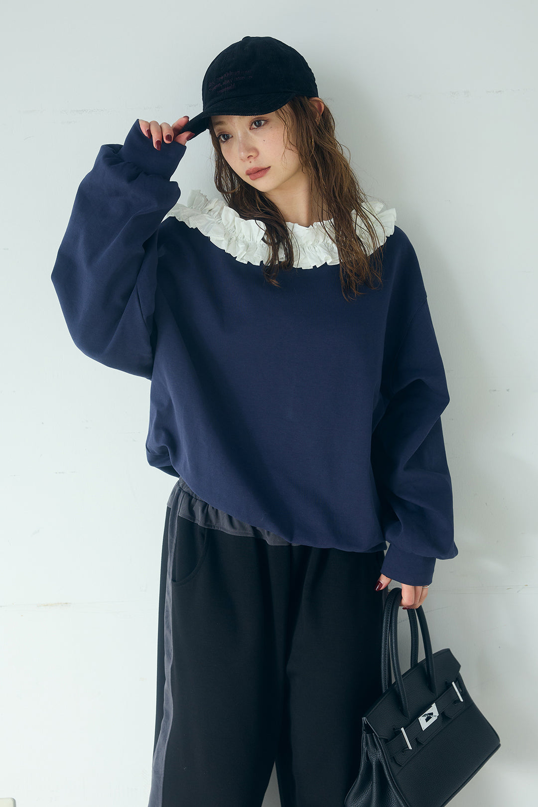 [SET]ネックギャザーフリルスウェット+異素材切り替えスウェットパンツ(2set)