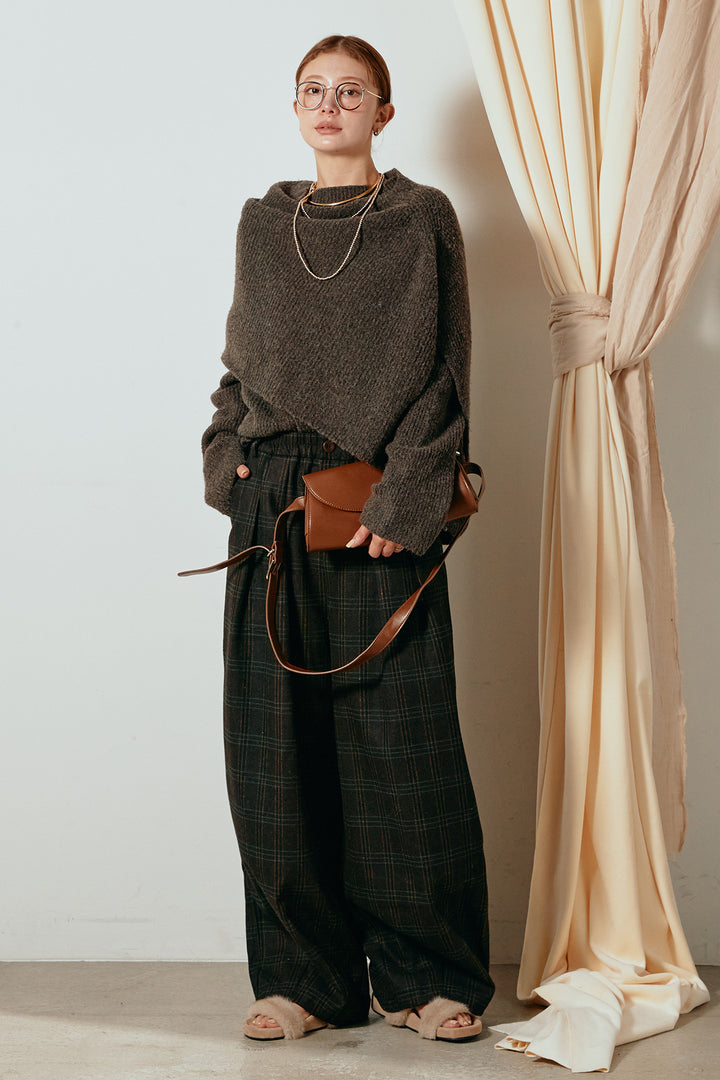 [SET]ケープデザインリブニットトップス+タータンチェック柄タックパンツ(2set)