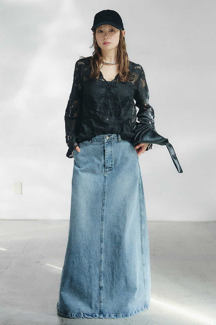 [SET]フラワー刺繍レースブラウス+デニムロングフレアスカート(2set)