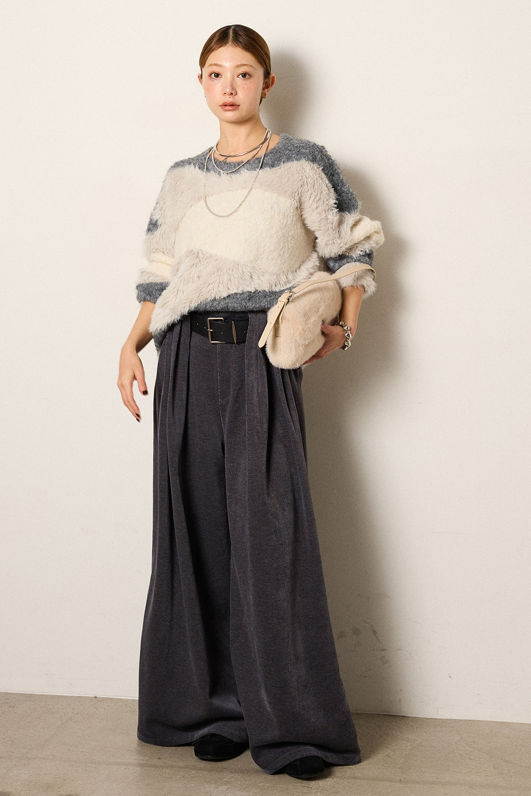 [SET]シャギーウェーブ柄クルーネックニットトップス+ベルトループコーデュロイワイドパンツ(2set)