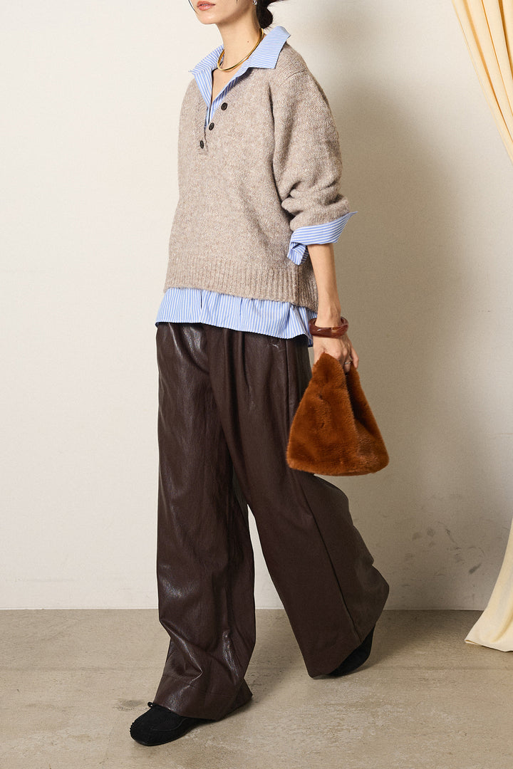 [SET]ストライプシャツドッキングニットポロトップス+ベルト付きレザーライクタックパンツ(2set)