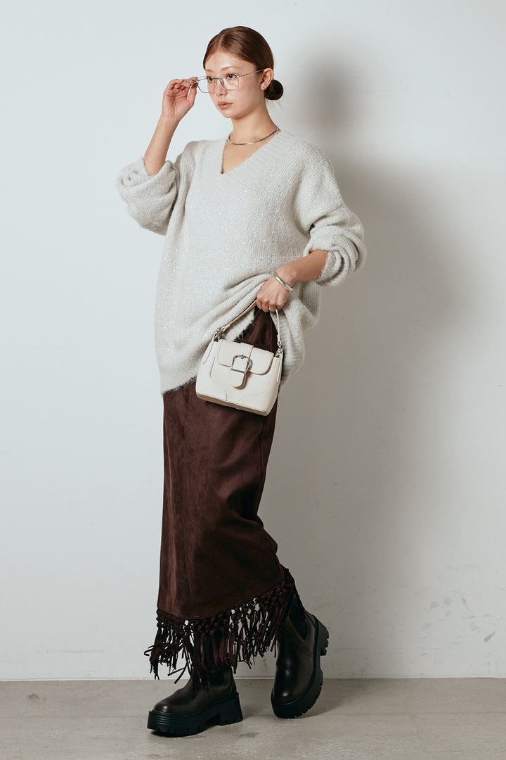 [SET]Vネックルーズラメニットトップス+スウェードライク裾フリンジスカート(2set)