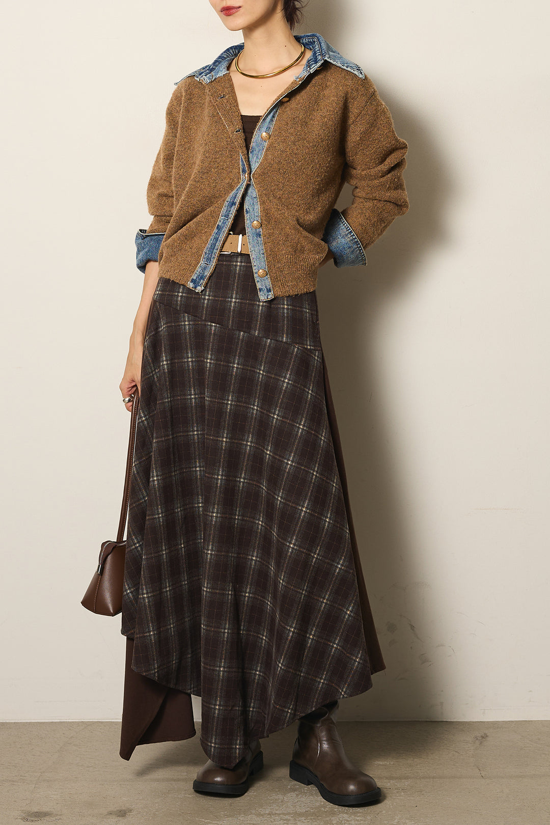 [SET]ニットドッキングデニムシャツ+フェイクレザーサイドベルトワイドパンツ+フェイクレザーベルト付き切り替えタータンチェックスカート(3set)