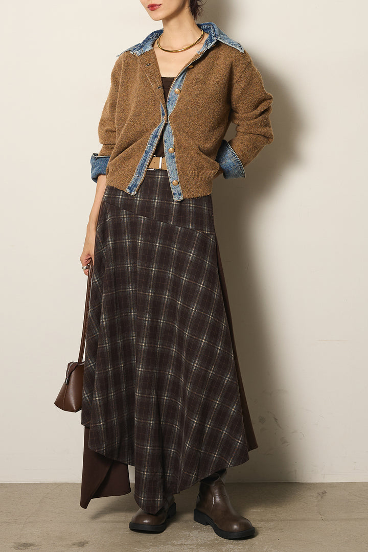 [SET]ニットドッキングデニムシャツ+フェイクレザーサイドベルトワイドパンツ+フェイクレザーベルト付き切り替えタータンチェックスカート(3set)