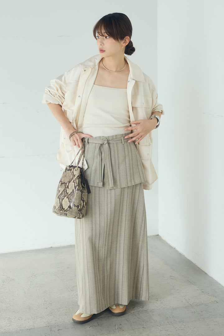 [SET]サテンライトブルゾン+ラップ巻きピンストライプワイドスカート(2set)