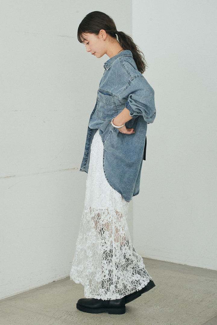 [SET]テンセルデニムシャツ+ラメ刺繍デザインスカート(2set)