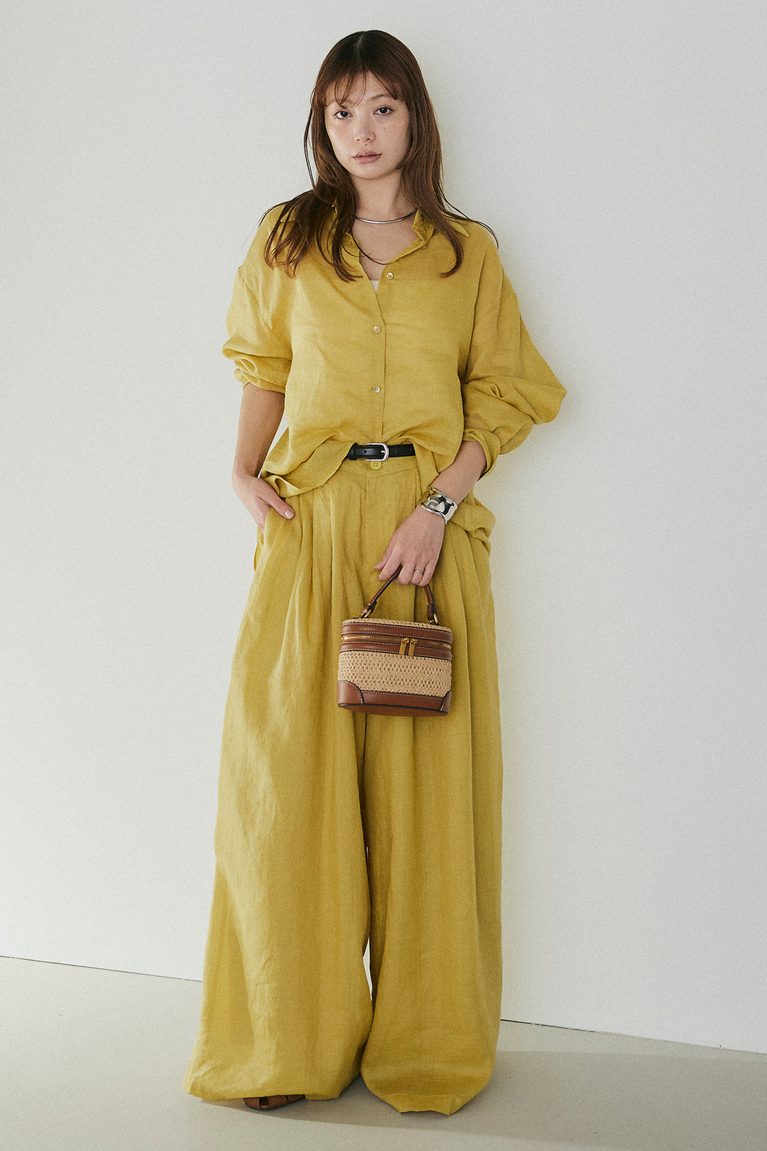 [SET]リラックスシアーシャツ+細ベルト付きシアーワイドパンツ(2set)
