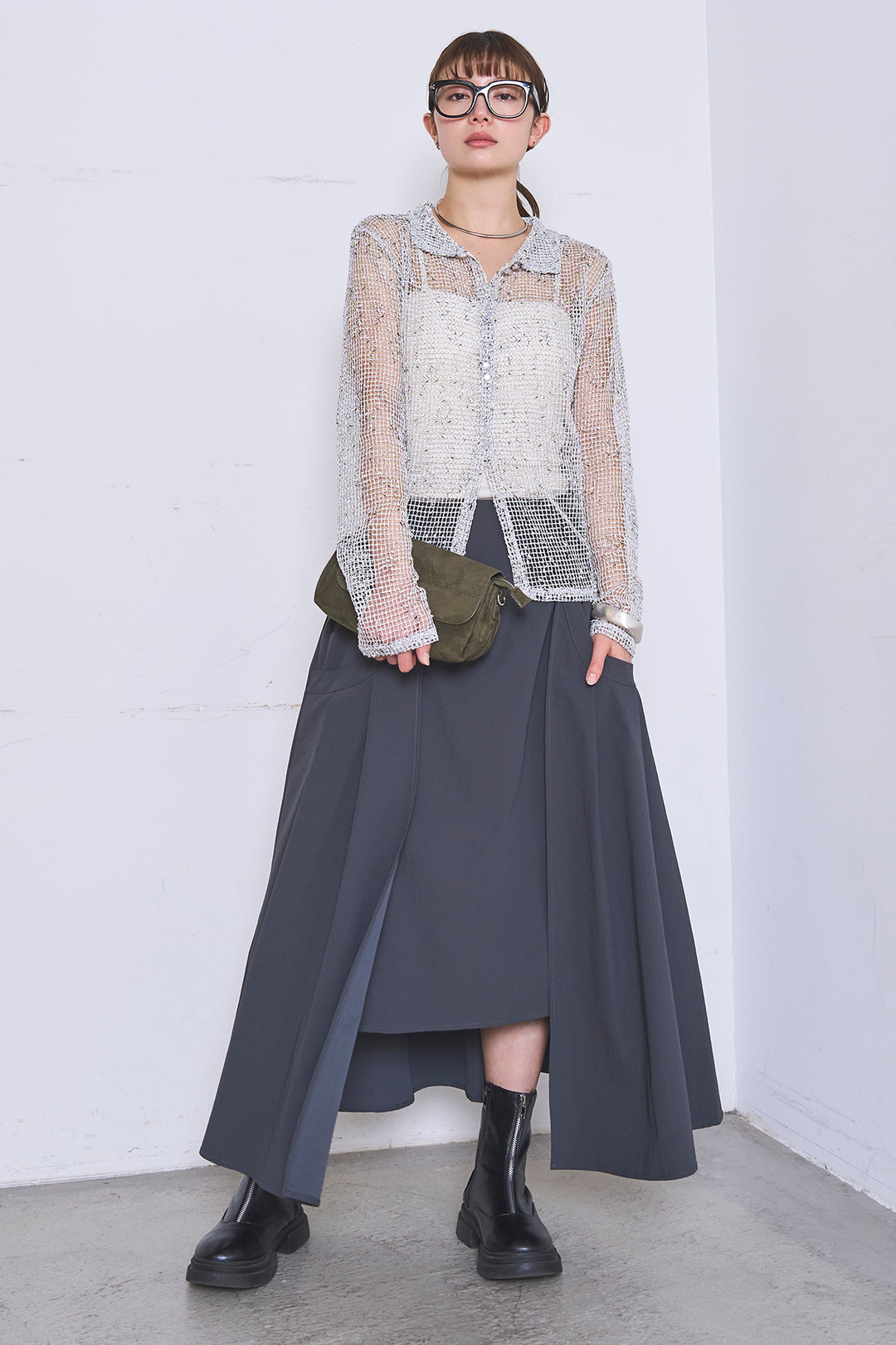 [SET]ネップメッシュポロ襟カーディガン+ラップレイヤードアシンメトリーデザインスカート(2set)